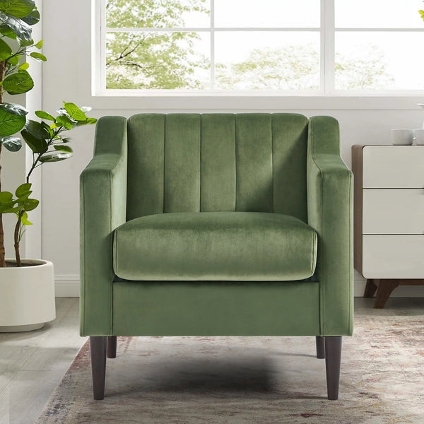 Modern Accent Chair, Velvet Single Sofa Side Chair, Upholstered Tufted Comfy Living Room Armchair, Barrel Club Chair with Golden Metal Legs and Side Pocket for Bedroom Reading Room Office, Green