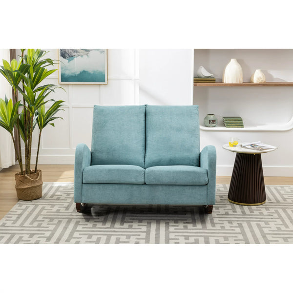 Modern Double Rocking Chair, Oversized Upholstered Loveseat Accent Armchair with High Backrest and Side Pocket, Extra Wide Glider Rocker for Nursery Living Room Bedroom, Light Blue