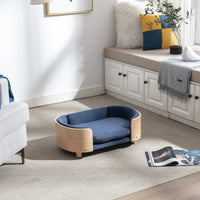 Modern Elevated Dog Cat Bed Pet Sofa with Solid Wood Legs and Bent Wood Back, Velvet Cushion, Sofa-Style Pet Beds for Small/Medium/Large Dogs & Cats, for Indoor, Small Size, Dark Blue