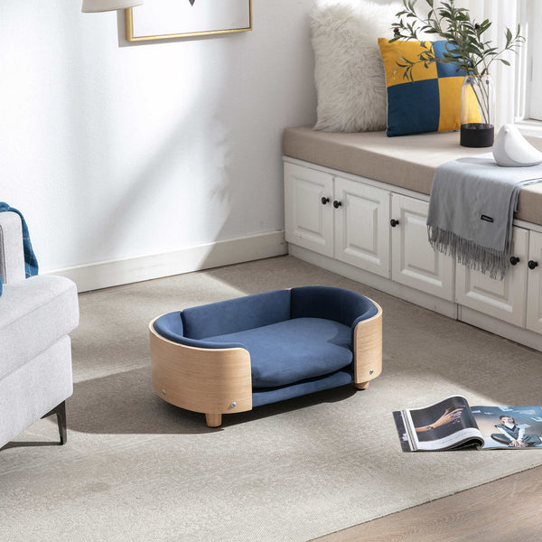 Modern Elevated Dog Cat Bed Pet Sofa with Solid Wood Legs and Bent Wood Back, Velvet Cushion, Sofa-Style Pet Beds for Small/Medium/Large Dogs & Cats, for Indoor, Small Size, Dark Blue