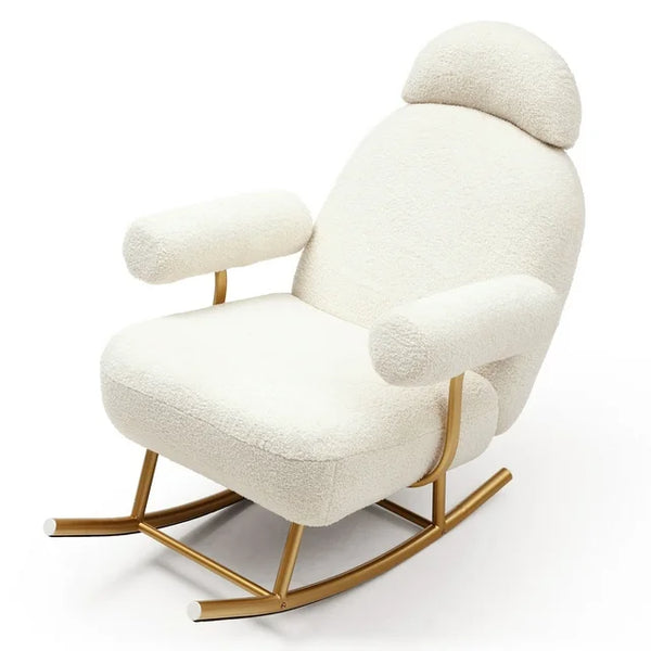 Modern Nursery Rocking Chair with Adjustable Headrest, Sherpa Fabric Accent Rocker Glider Chair with Gold Metal Frame,Upholstered Armchair Leisure Sofa Chair for Bedroom Living Room Office, Beige