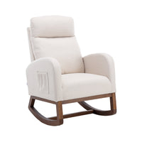 Modern Rocking Chair Nursery Upholstered Glider Chair with Side Pocket, Comfortable Rocking Accent Armchair with High Back and Rubber Wood Legs for Living Room Bedroom Reading Room Lounge, Beige