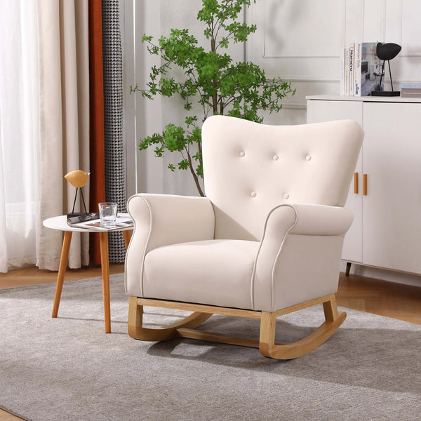 Modern Rocking Chair, Upholstered Accent Chair with Padded Seat,Small Contemporary Rocker for Nursery, Playroom, Bedroom and Living Room,Kids Cushioned Arm Chair,Beige