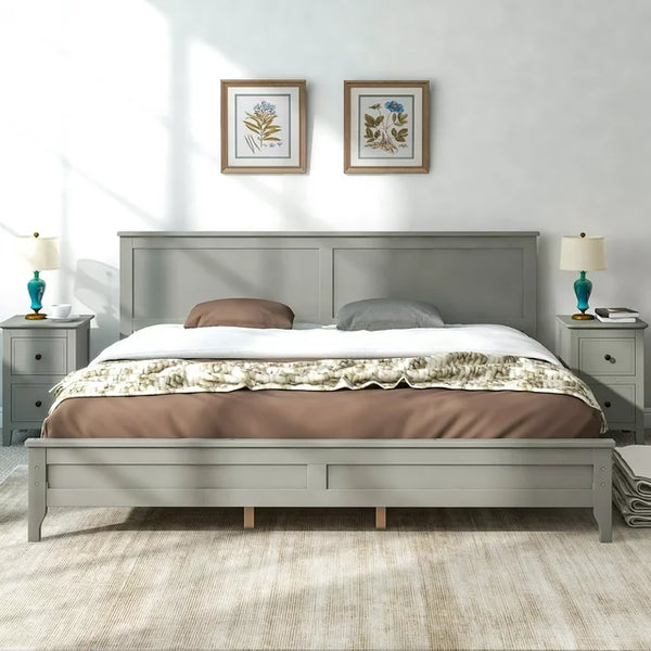 Modern Solid Wood King Size Platform Bed with Headboard/Footboard, Wood Bed Frame Wood Slat Support, Deluxe Wood Platform Bed Frame, No Box Spring Needed, for Adults, Teens, Gray