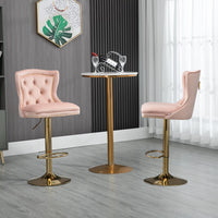 Modern Swivel Bar Stool Set of 2, Velvet Tufted Adjustable Counter Height Dining Chairs with Padded Seat & Backrest & Footrest, Nailhead Trim Side Chairs for Kitchen, Home Bar, Dining Room, Pink