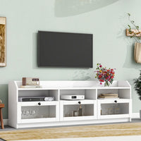 Modern TV Stand for TVs Up to 65",Elegant Media Console Table with Acrylic Board Door and Black Handles,Ample Storage Space Entertainment Center for Living Room,White