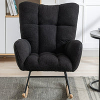 Modern Teddy Fabric Nursery Rocking Chair, Wingback Glider Rocker Accent Chair with Solid Wood Base Metal Frame for Bedroom, Living Room, Porch, Office, Black
