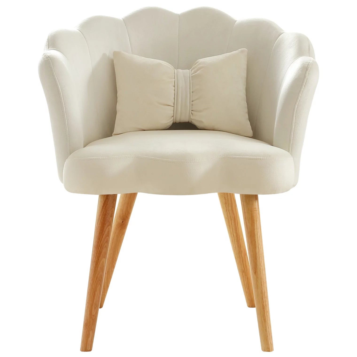 Modern Velvet Accent Chair, Shell-Shaped Chair with Bowknot Waist Pillow, Wooden Foot, Casual Lotus Armchair for Living Room/Bedroom/Apartment, Beige