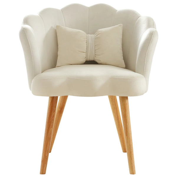 Modern Velvet Accent Chair, Shell-Shaped Chair with Bowknot Waist Pillow, Wooden Foot, Casual Lotus Armchair for Living Room/Bedroom/Apartment, Beige
