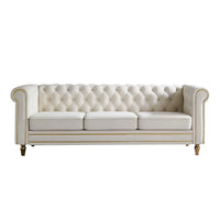 Modern Velvet Sofa, Button Tufted Chesterfield Sofa with Scroll Arms and Gold Metal Legs, 3-Seater Sofa Couch Upholstered Sofa for Living Room Bedroom Office Apartment, 84.65"×31.50"×30.31", Beige