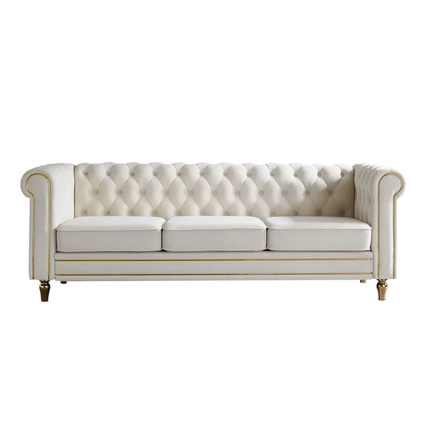 Modern Velvet Sofa, Button Tufted Chesterfield Sofa with Scroll Arms and Gold Metal Legs, 3-Seater Sofa Couch Upholstered Sofa for Living Room Bedroom Office Apartment, 84.65"×31.50"×30.31", Beige