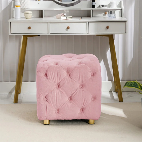 Modern Velvet Upholstered Ottoman, Classic Square Dressing Makeup Chair with Button Design, Comfortable Soft Foot Stool for Living Room Bedroom and Entrance, Pink