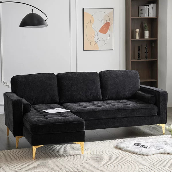 Modular Sectional Sofa with Chaise Lounge, 85" L-Shape Sectional Couch with 2 Pillows and Golden Tripod Legs, Chenille 3-Seater Sofa for Living Room, Apartment, Black