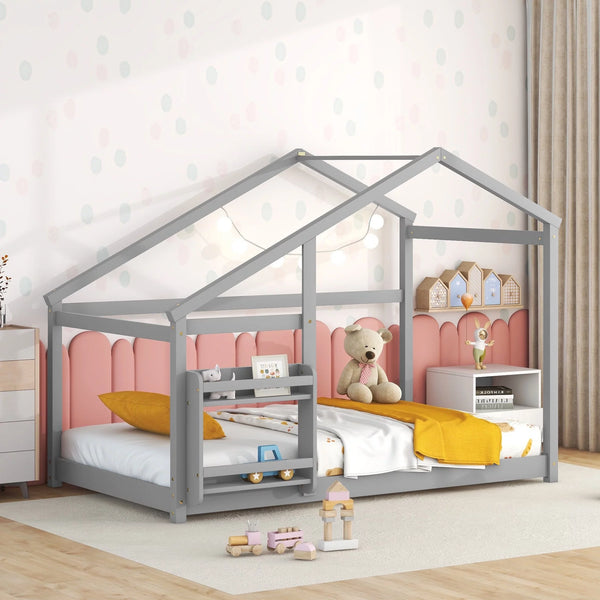 Montessori Bed Twin Size, Wood House Floor Beds with Roof Design, House Bed for Boys & Girls Floor Beds Fun Playhouse, No Box Spring Needed (Twin, Gray)