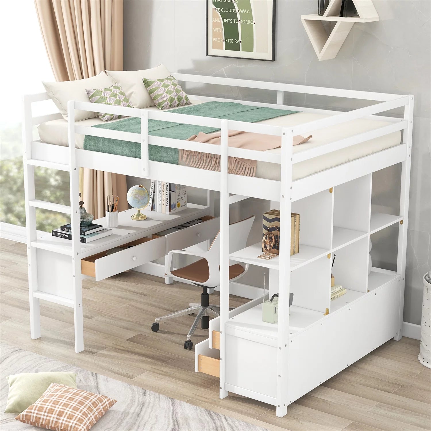 Multifunctional Loft Bed with Built-in Desk and 2 Drawers,Full Size Loft Bed Frame with Storage Shelves and Drawers,Solid Wood Bed Frame with Ladder and Guardrail for Kids Teens Adults,White