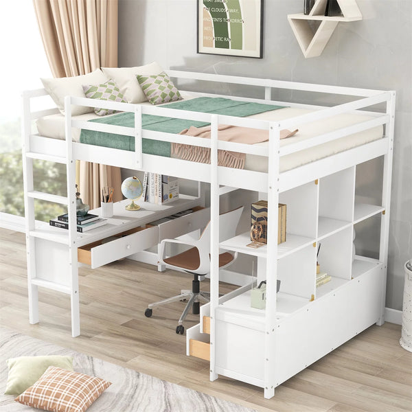 Multifunctional Loft Bed with Built-in Desk and 2 Drawers,Full Size Loft Bed Frame with Storage Shelves and Drawers,Solid Wood Bed Frame with Ladder and Guardrail for Kids Teens Adults,White