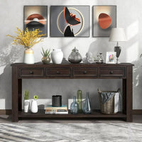 Narrow Console Table for Entryway, 64" Wood Sofa Table with 4 Storage Drawers and Open Bottom Shelves Multifunctional Buffet Sideboard Long Console Table Accent Table for Living Room, Espresso