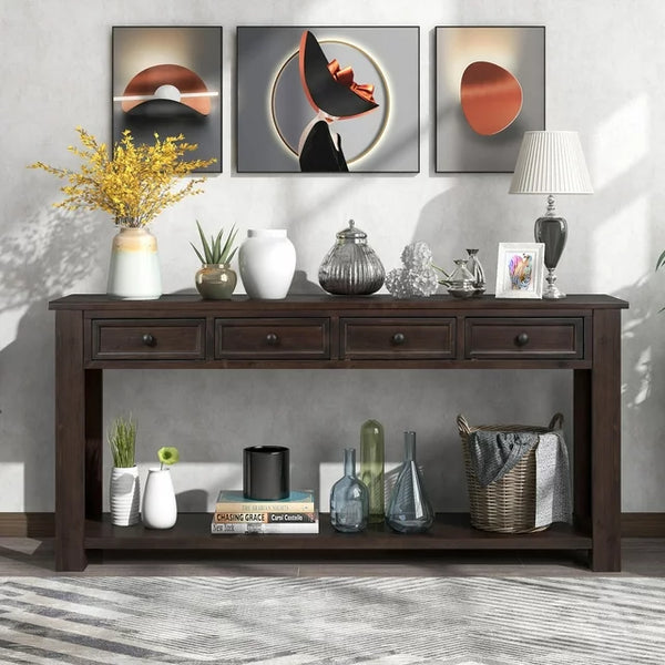Narrow Console Table for Entryway, 64" Wood Sofa Table with 4 Storage Drawers and Open Bottom Shelves Multifunctional Buffet Sideboard Long Console Table Accent Table for Living Room, Espresso