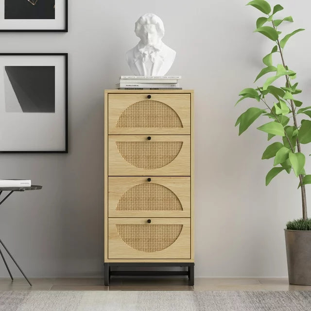 Natural Rattan Narrow Cabinet with 4 Drawers, Farmhouse Wooden Storage Cabinet with Semicircle Design and Metal Legs, Freestanding Storage Cabinet for Living Room, Bedroom and Study, Natural