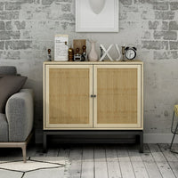 Natural Rattan Sideboard Buffet Cabinet, Wood Accent Storage Cabinet with 2 Rattan Doors & 1 Adjustable Shelf, Cupboard Console Table with Metal Base for Kitchen Hallway Entryway Living Room, Natural