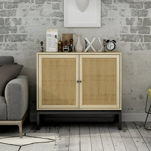 Natural Rattan Sideboard Buffet Cabinet, Wood Accent Storage Cabinet with 2 Rattan Doors & 1 Adjustable Shelf, Cupboard Console Table with Metal Base for Kitchen Hallway Entryway Living Room, Natural