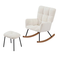 Nursery Rocking Chair with Ottoman for Mom and Baby, Upholstered Rocker Glider Chair with High Backrest, Boucle Fabric Armchair Leisure Sofa Chair for Bedroom Living Room Office, Beige