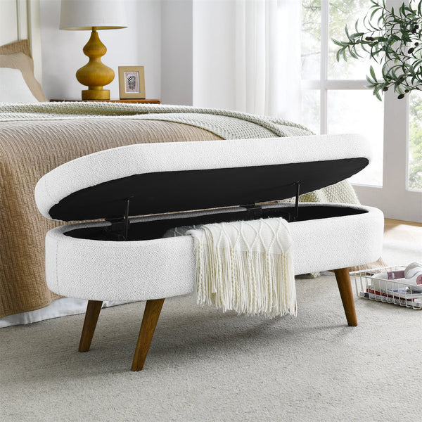 Oval Storage Bench 43.5" Modern Linen Fabric Upholstered Entryway Bench with Rubber Wood Legs Ottoman Bench Indoor Storage Bench for Living Room, Bedroom, End of Bed, Entryway, Bed Side, White