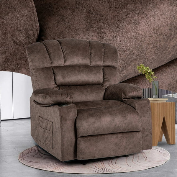 Oversized Recliner Chair for Adults, Large Single Sofa Recliners with Heat and Massage for Elderly Velvet Modern Reclining Sofa Chair with Cup Holders, Remote Control, 90°-150° Adjustable, Brown
