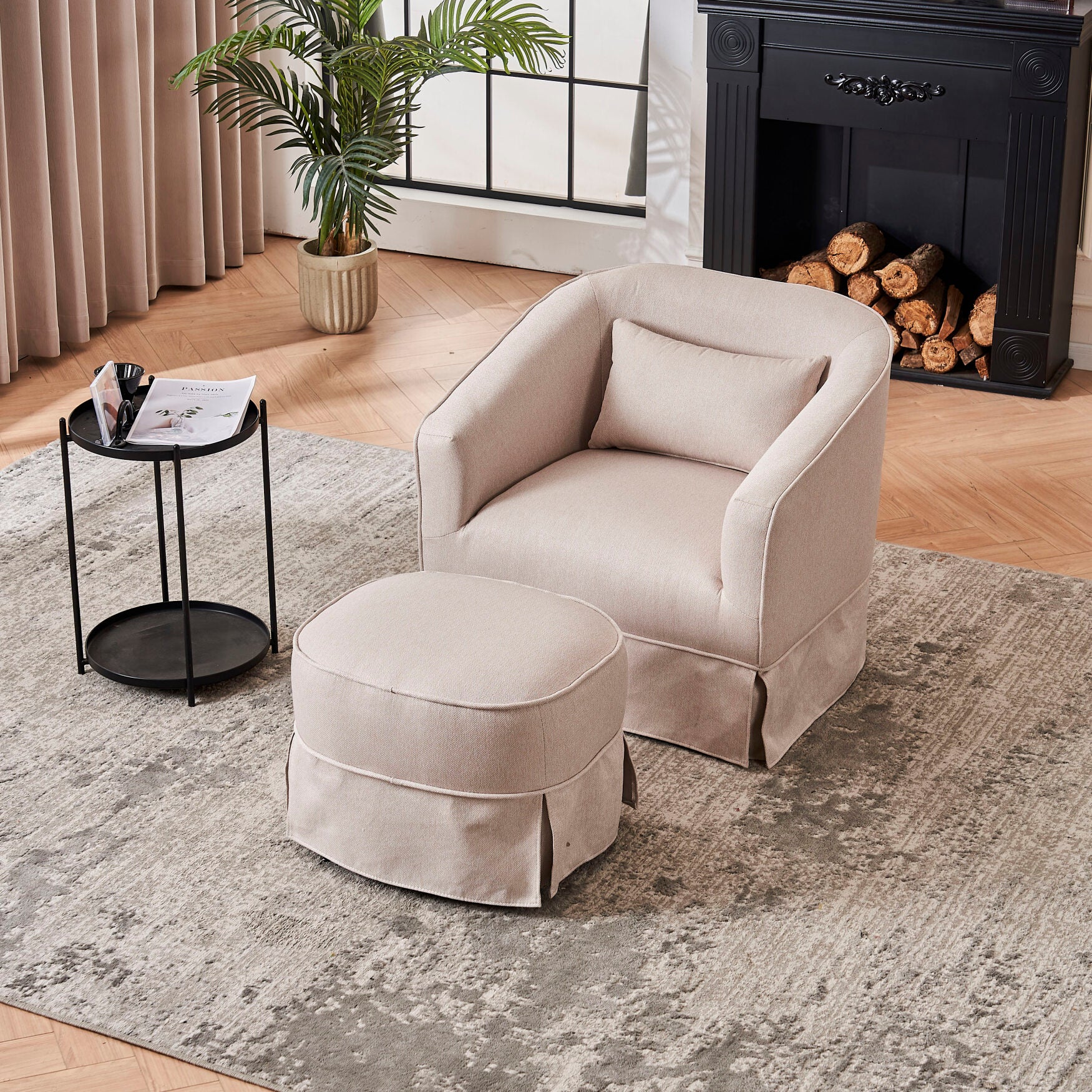 360-Degree Swivel Accent Chair with Ottoman, Linen Upholstered Armchair with Comfortable Backrest & Pillow, Round Barrel Chair for Nursery, Living Room, Bedroom, Office, Beige