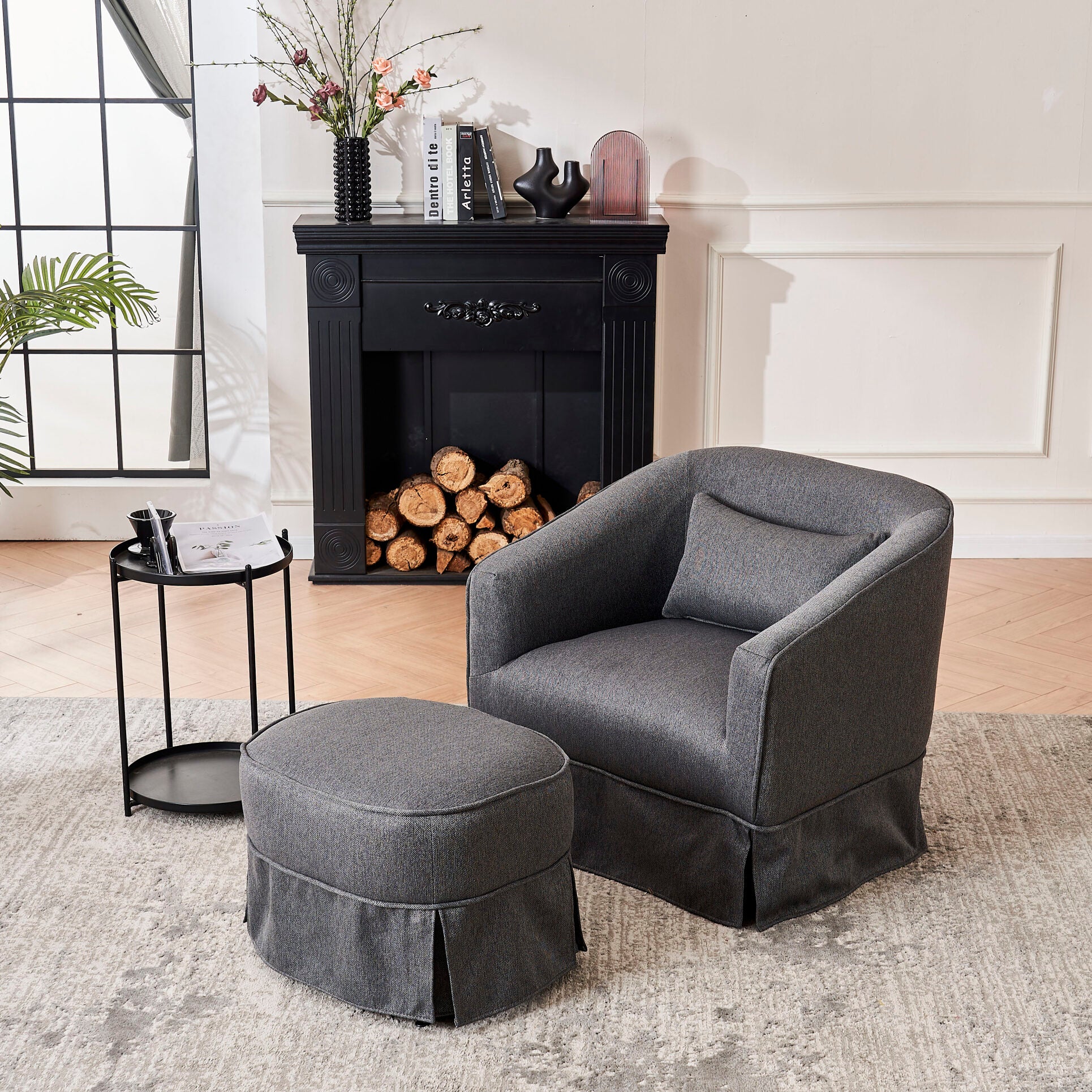 360-Degree Swivel Accent Chair with Ottoman, Linen Upholstered Armchair with Comfortable Backrest & Pillow, Round Barrel Chair for Nursery, Living Room, Bedroom, Office, Dark Gray