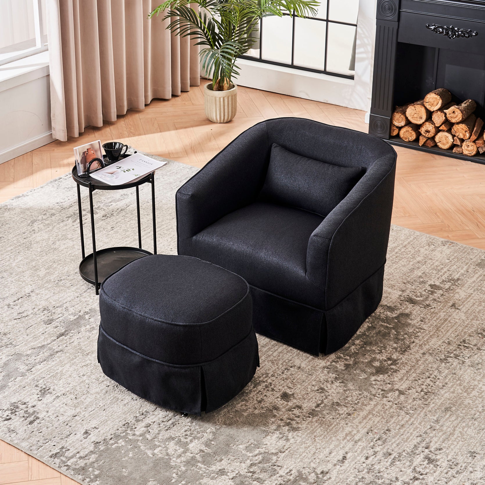360-Degree Swivel Accent Chair with Ottoman, Linen Upholstered Armchair with Comfortable Backrest & Pillow, Round Barrel Chair for Nursery, Living Room, Bedroom, Office, Black