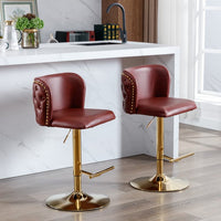 PU Swivel Counter Height Stools Set of 2, PU Leather Upholstered Bar Stool Adjustable Bar Height Kitchen Island Stool Chairs Buttun Tufted with Metal Legs (Burgundy)