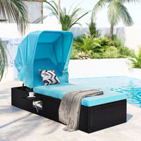 Patio Chaise Lounge with Retractable CanopyOutdoor Reclining Chair with Adjustable Backrest, Rattan Wicker Daybed with Coffee Table,Sun Lounger for Beach Poolside Backyard Balcony Porch