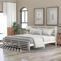 Platform Bed Frame with Headboard and Footboard, Wood Slat Support, King Size Horizontal Strip Hollow Shape Bed Frame, No Box Spring Needed,White