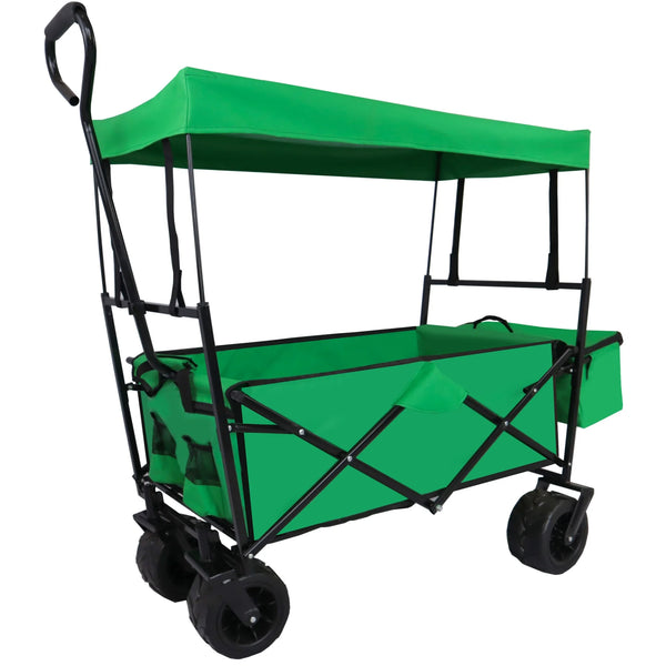 Portable Wagon Cart with Wheel, Utility Collapsible Kids Wagon with Canopy, Outdoor Beach Trolley Cart for Garden Camping Picnic Sports, Weight Capacity 250lbs, Green