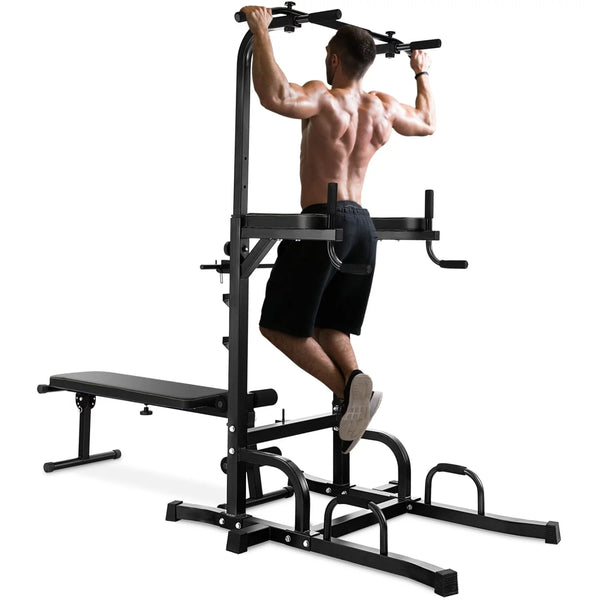 Power Tower Dip Station with Bench,Height Adjustable Pull Up Bar Stand with Folding Weight Bench,Heavy Duty Multi-Function Fitness Training Equipment for Home Office Gym