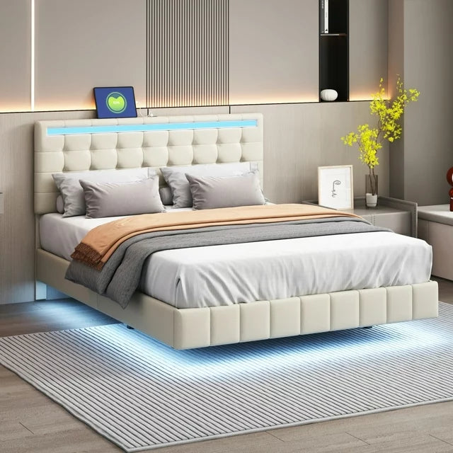 Queen Bed Frame with Led Lights,Upholstered Platform Bed Frame with USB Charging and Headboard, PU Floating Bed Frame for Living Room, Strong Wood Slat Support,No Box Spring Needed,Beige