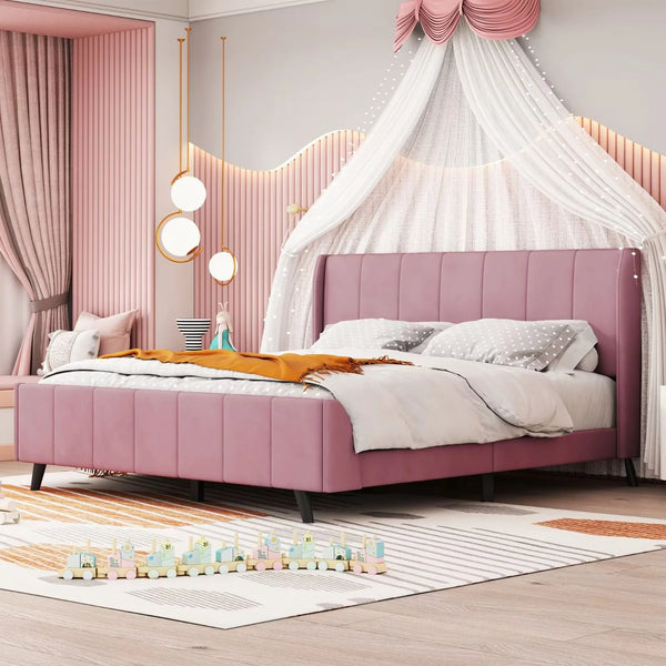 Queen Bed Frame, Velvet Upholstered Platform Bed with Tufted Headboard and 10 Wooden Slats, Modern Platform Bed Frame for Kids Teens Adults, Pink