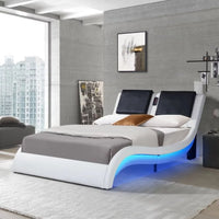 Queen Led Bed Frame, Faux Leather Upholstered Platform Bed Frame with LED Lights Underneath Wave Like Curve Low Profile Bed Frame with Headboard,Color Changing with Music, App Control, White