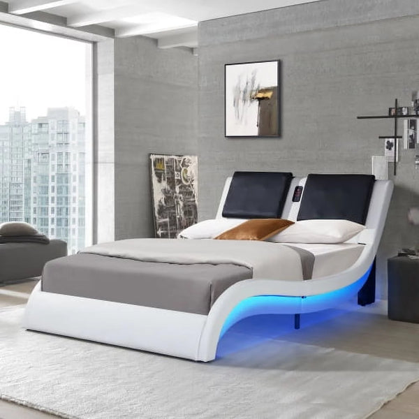 Queen Led Bed Frame, Faux Leather Upholstered Platform Bed Frame with LED Lights Underneath Wave Like Curve Low Profile Bed Frame with Headboard,Color Changing with Music, App Control, White