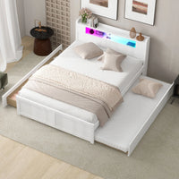 Queen Size Bed Frame w/Twin Trundle & 2 Storage Drawers, Wooden Platform Bed w/Slat Support and LED Headboard, No Box Spring Needed, for Kids Teens Adults Bedroom (White)