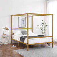 Queen Size Metal Canopy Bed, Square Tube Four-Poster Canopied Bed with Headboard and Footboard, Platform Bed Frame with Sturdy Slatted Structure, No Box Spring Needed, Noise Free, Gold