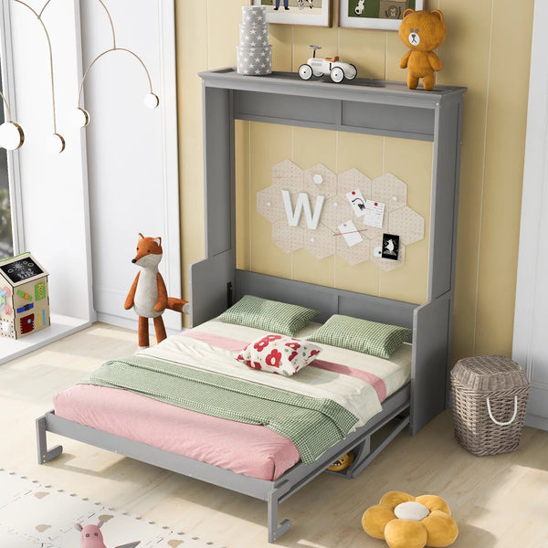 Queen Size Murphy Bed with Shelf, Solid Wood Mobile Murphy Chest Bed Cube Cabinet Bed, Murphy Platform Bed for Guest Room Home Office, Gray