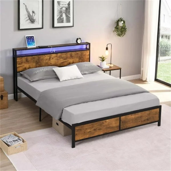 Queen Size Platform Bed with LED Lights and 2 USB Ports, Industrial Queen Bed Frame with Under-Bed Storage and Wooden Headboard, Noise Free, No Box Spring Needed, Rustic Brown
