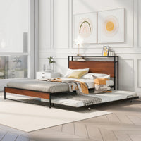 Queen Size Platform Bed with Trundle and USB Ports,Metal Bed Frame with Storage Headboard and Slat Support for Bedroom,Black