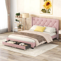 Queen Size Storage Bed, Linen Upholstered Platform Queen Bed Frame with Button Riveted Headboard and 2 Drawers, Queen Platform Bed No Box Spring Required, Pink