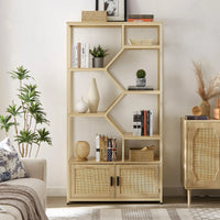 Rattan Bookshelf, 5 tier Open Bookcase Shelf Storage Rack with Cabinet, Bohemian Tall Book Shelf Display Shelf with Matte Metal Frame & Adjustable Foot Pads for Living Room, Study, Bedroom, Natural
