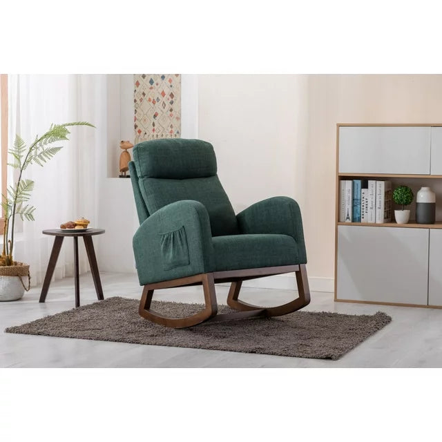 Rocking Chair Nursery, Modern Glider Rocking Chair with Headrest and Thicken Wood Base, Upholstered Nursing Armchair for Living Room, Bedroom, Emerald