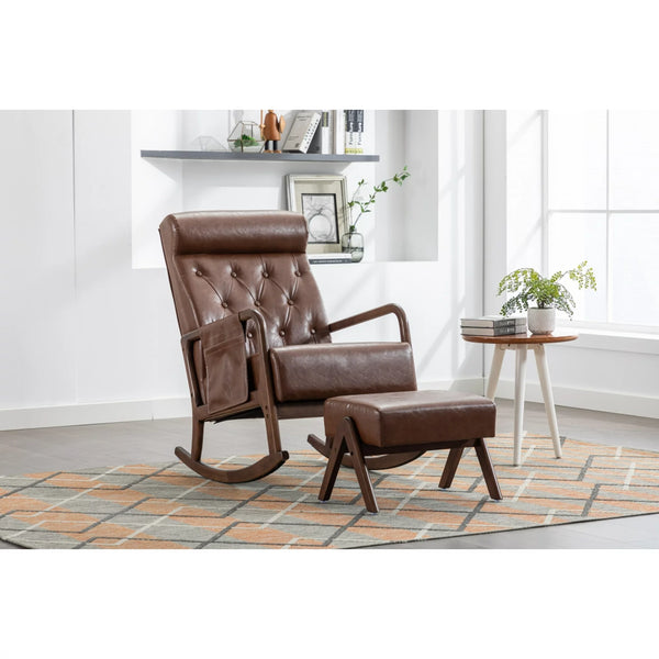 Rocking Chair With Ottoman, Mid-Century Upholstered Rocking Armchair with Thick Padded Cushion & Side Pocket & High Backrest, Nursery Glider Rocker Chair for Living Room Bedroom, Brown PU