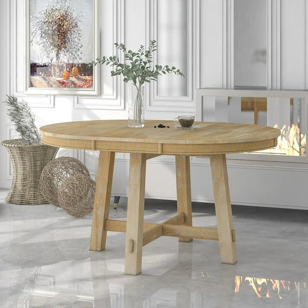Round Extendable Dining Table for 6, Modern Wood Kitchen Table with 16" Leaf, Farmhouse Round Dining Room Table, Seats up to 6 people, Weight Capacity 300 Pounds, Natural Wood Wash